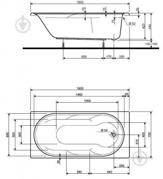 Ванна акриловая Kolo LAGUNA XWP0360000 160х75 см прямоугольная - фото 3