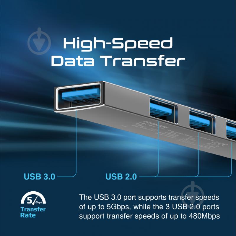 USB-хаб Promate USB-С LiteHub-4 3xUSB 2.0 + USB 3.0 grey - фото 3