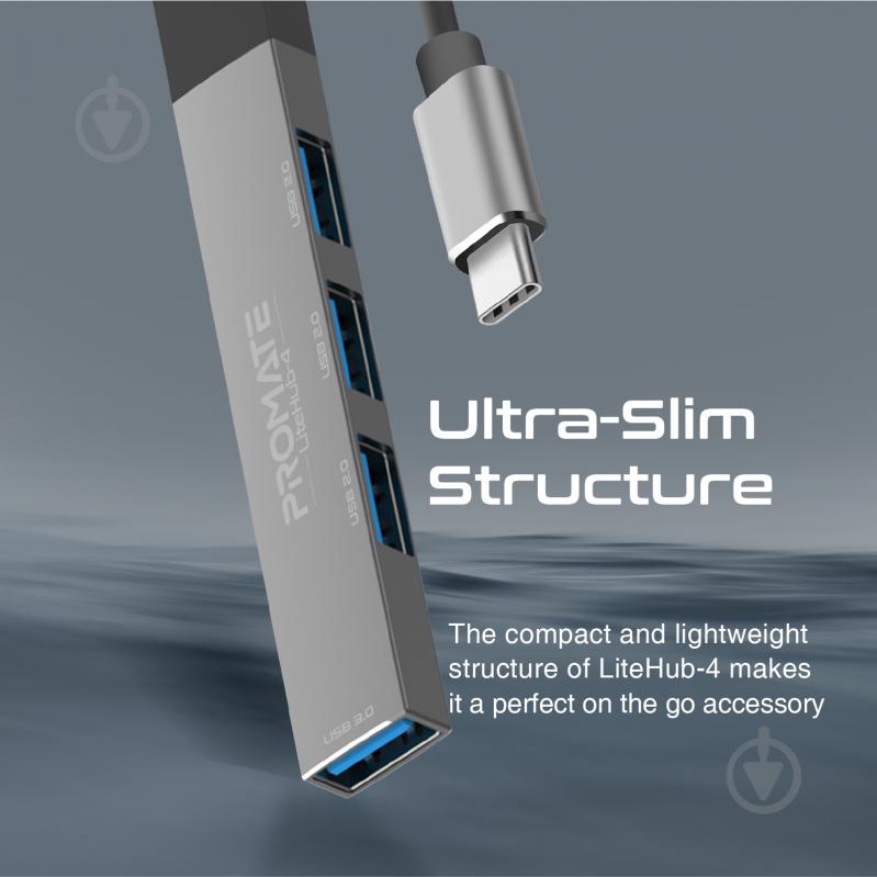 USB-хаб Promate USB-С LiteHub-4 3xUSB 2.0 + USB 3.0 grey - фото 5