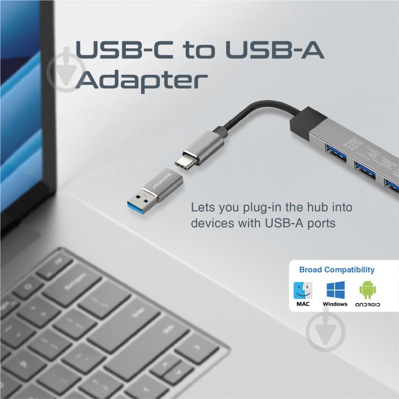 USB-хаб Promate USB-С LiteHub-4 3xUSB 2.0 + USB 3.0 grey - фото 2