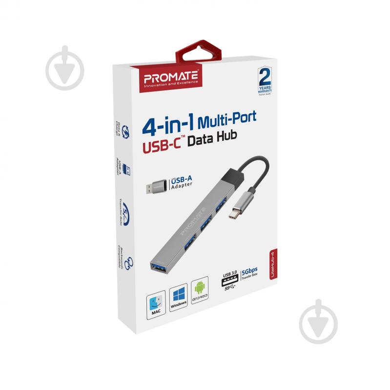 USB-хаб Promate USB-С LiteHub-4 3xUSB 2.0 + USB 3.0 grey - фото 7