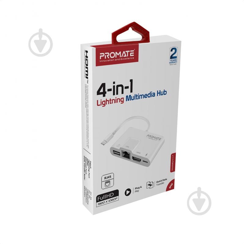 Адаптер Promate MediaSync-LT Lightning to USB 3.0 OTG/RJ45/HDMI/10Вт Lightning-in белый (mediasync-lt.white) - фото 6