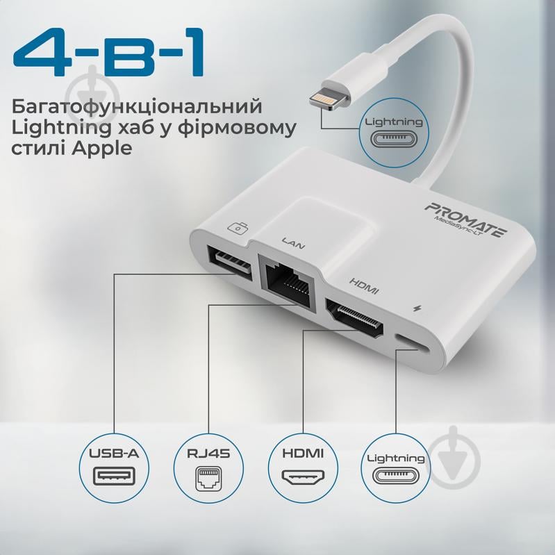 Адаптер Promate MediaSync-LT Lightning to USB 3.0 OTG/RJ45/HDMI/10Вт Lightning-in белый (mediasync-lt.white) - фото 2