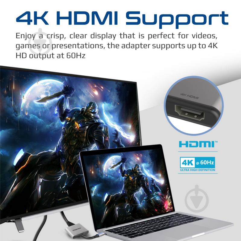 Перехідник Promate Type-C to 2xHDMI 4K MediaLink-H2 0,15 м сірий (medialink-h2.grey) - фото 2