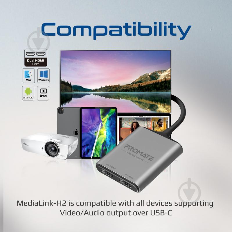 Перехідник Promate Type-C to 2xHDMI 4K MediaLink-H2 0,15 м сірий (medialink-h2.grey) - фото 4