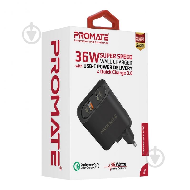 Зарядний пристрій Promate PowerPort-36 36Вт Type-C PD + USB QC3.0 Black - фото 7 Зарядний пристрій Promate PowerPort-36 36Вт Type-C PD + USB QC3.0 Black - фото 7