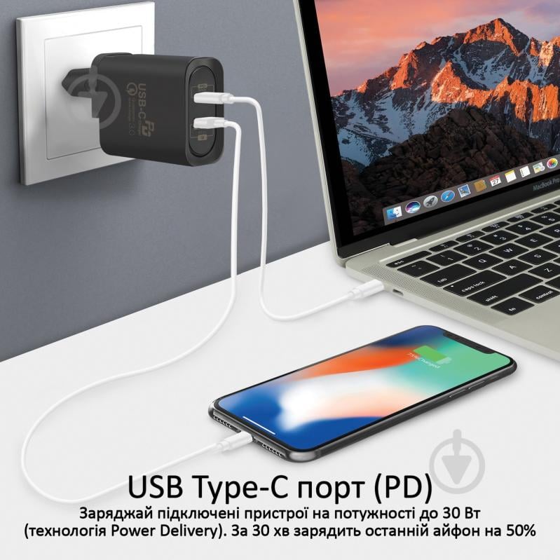 Зарядний пристрій Promate PowerPort-36 36Вт Type-C PD + USB QC3.0 Black - фото 3 Зарядний пристрій Promate PowerPort-36 36Вт Type-C PD + USB QC3.0 Black - фото 3
