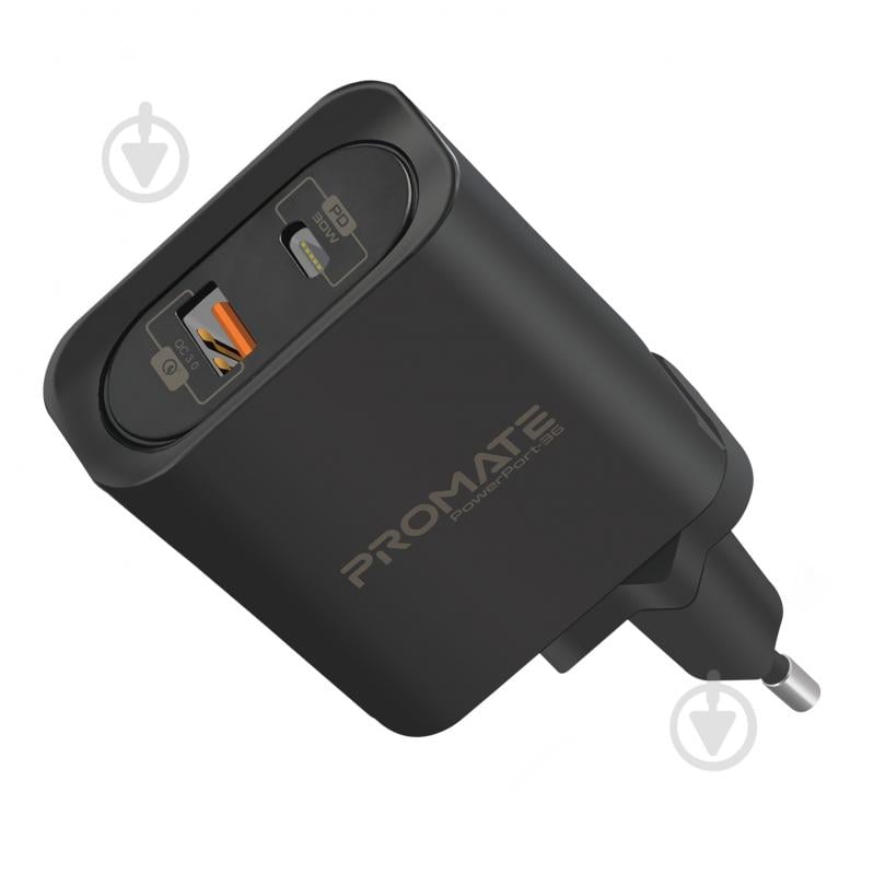Зарядний пристрій Promate PowerPort-36 36Вт Type-C PD + USB QC3.0 Black - фото 1 Зарядний пристрій Promate PowerPort-36 36Вт Type-C PD + USB QC3.0 Black - фото 1