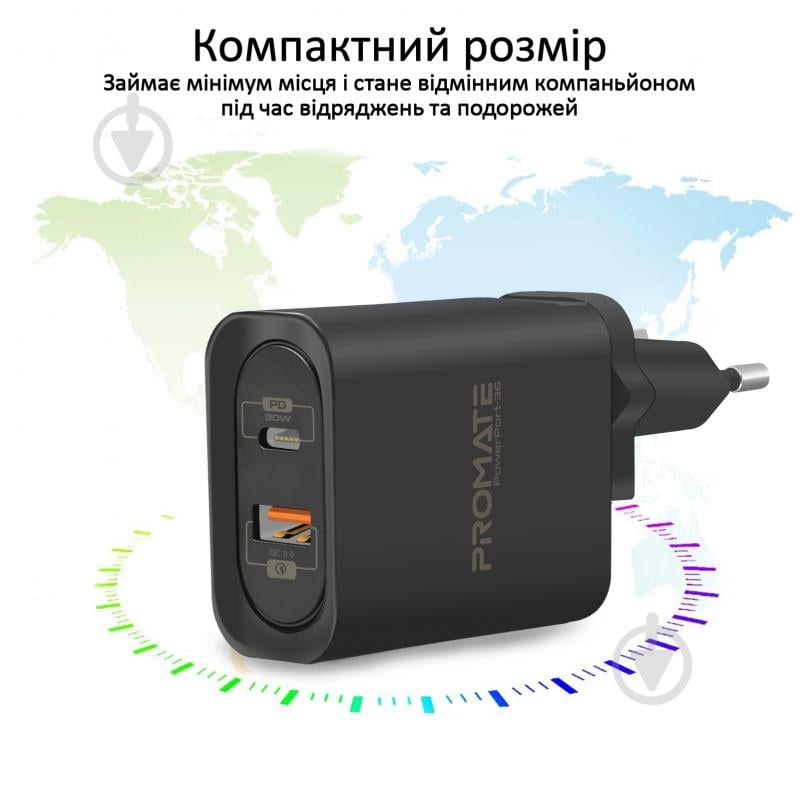 Зарядний пристрій Promate PowerPort-36 36Вт Type-C PD + USB QC3.0 Black - фото 6 Зарядний пристрій Promate PowerPort-36 36Вт Type-C PD + USB QC3.0 Black - фото 6
