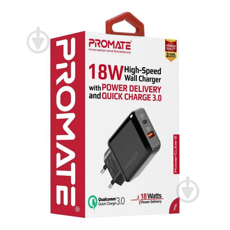 Зарядное устройство Promate PowerCube-2 18Вт Type-C PD + USB QC3.0 Black - фото 7