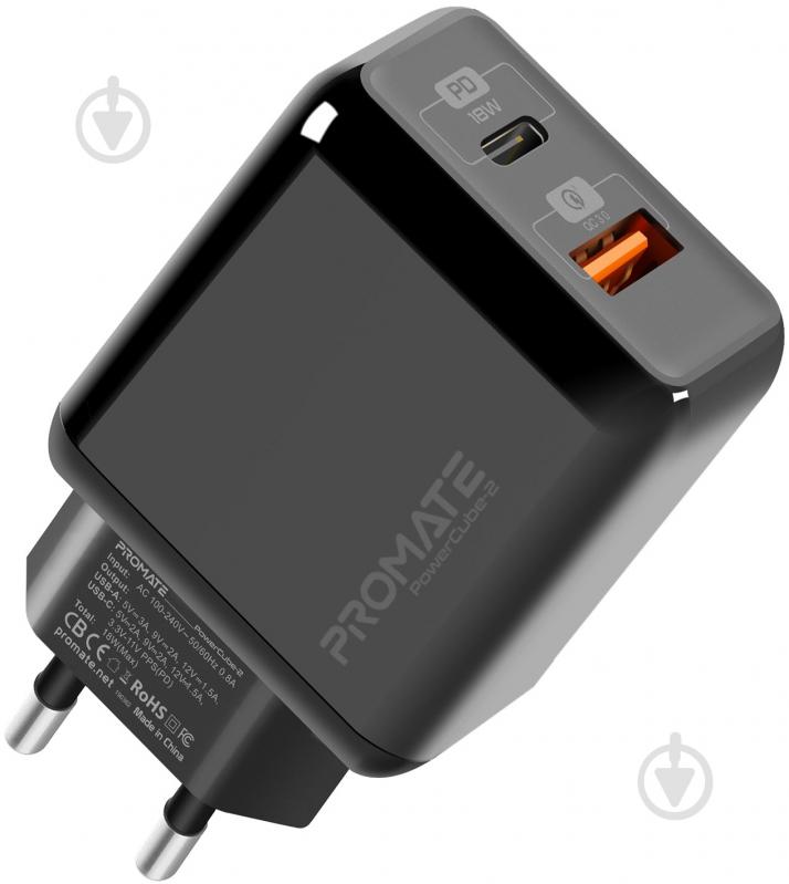Зарядное устройство Promate PowerCube-2 18Вт Type-C PD + USB QC3.0 Black - фото 1