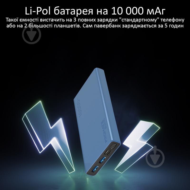 Повербанк Promate 10Вт 2xUSB 10000 mAh (bolt-10.blue) - фото 3