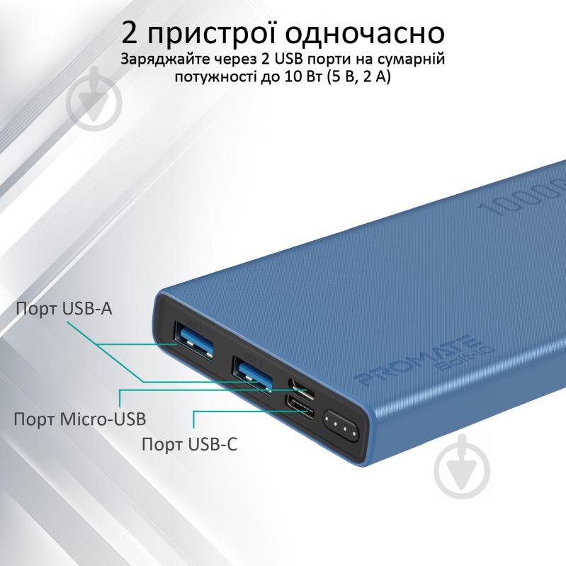 Повербанк Promate 10Вт 2xUSB 10000 mAh (bolt-10.blue) - фото 4