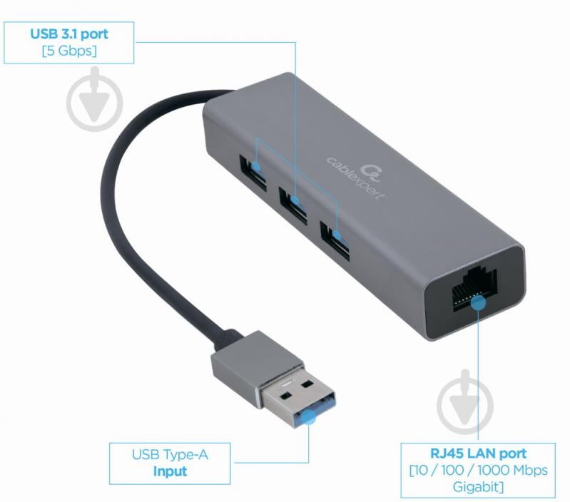 Адаптер Cablexpert A-AMU3-LAN-01 с USB-A на Gigabit Ethernet - фото 2