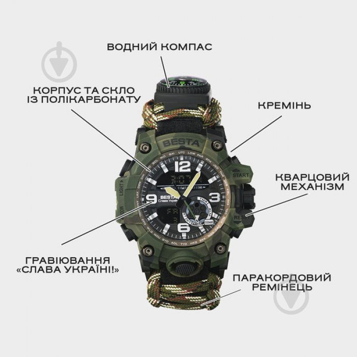 Часы тактические Besta Military с компасом BESTA army green (2373.07.13) - фото 4