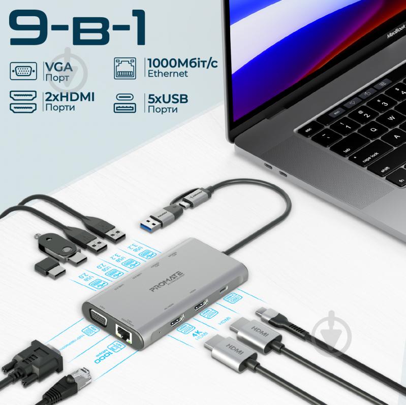 USB-хаб Promate 9-в-1 PrimeHub-MST USB-C PD/2хHDMI/VGA/2xUSB3.2/2xUSB2.0/RJ45 - фото 2