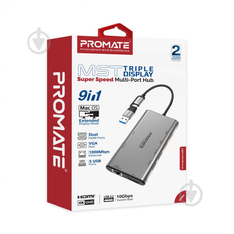 USB-хаб Promate 9-в-1 PrimeHub-MST USB-C PD/2хHDMI/VGA/2xUSB3.2/2xUSB2.0/RJ45 - фото 8