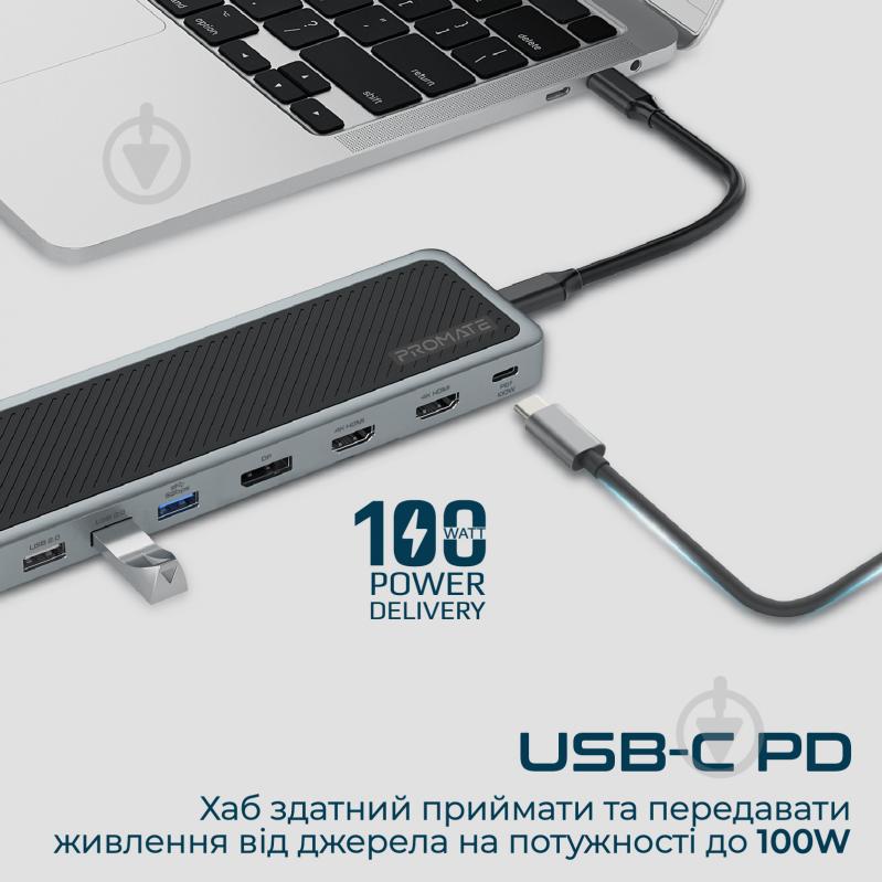 USB-хаб Promate ApexHub-MST USB-C PD/2хHDMI/DP/USB-C/2xUSB3.0/2xUSB2.0/RJ45/SD/microSD/AUX 3.5 мм - фото 3