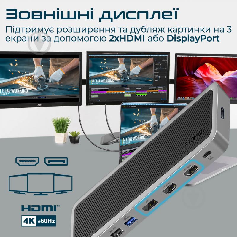 USB-хаб Promate ApexHub-MST USB-C PD/2хHDMI/DP/USB-C/2xUSB3.0/2xUSB2.0/RJ45/SD/microSD/AUX 3.5 мм - фото 4