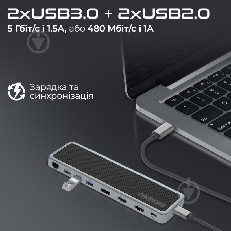 USB-хаб Promate ApexHub-MST USB-C PD/2хHDMI/DP/USB-C/2xUSB3.0/2xUSB2.0/RJ45/SD/microSD/AUX 3.5 мм - фото 5