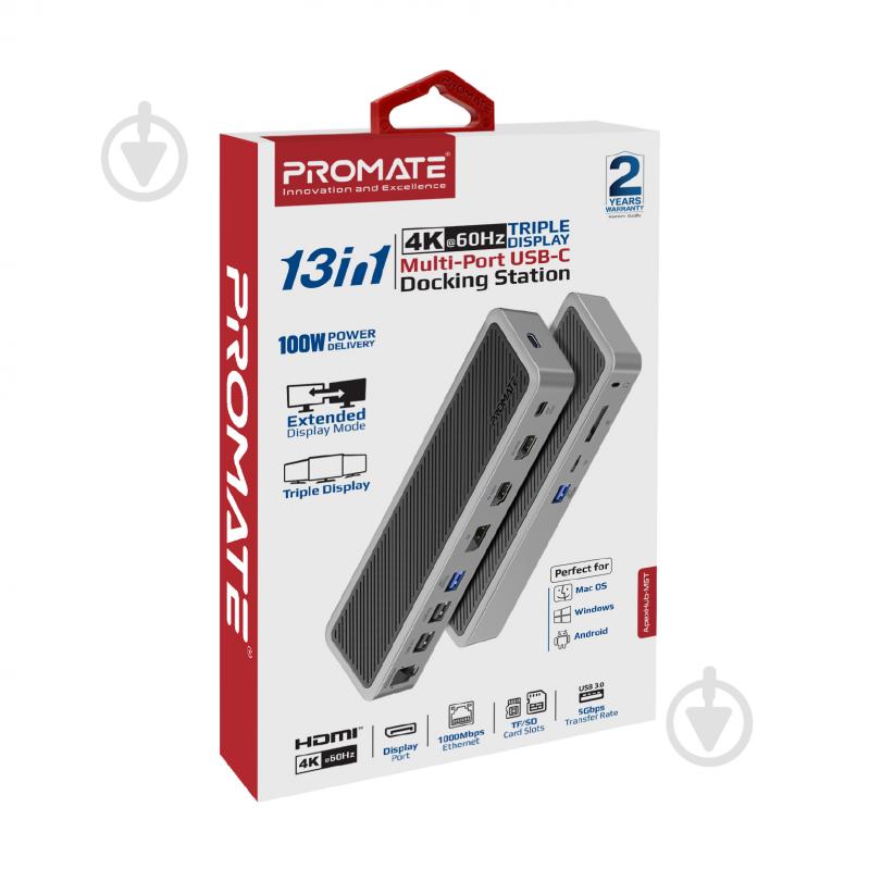 USB-хаб Promate ApexHub-MST USB-C PD/2хHDMI/DP/USB-C/2xUSB3.0/2xUSB2.0/RJ45/SD/microSD/AUX 3.5 мм - фото 7