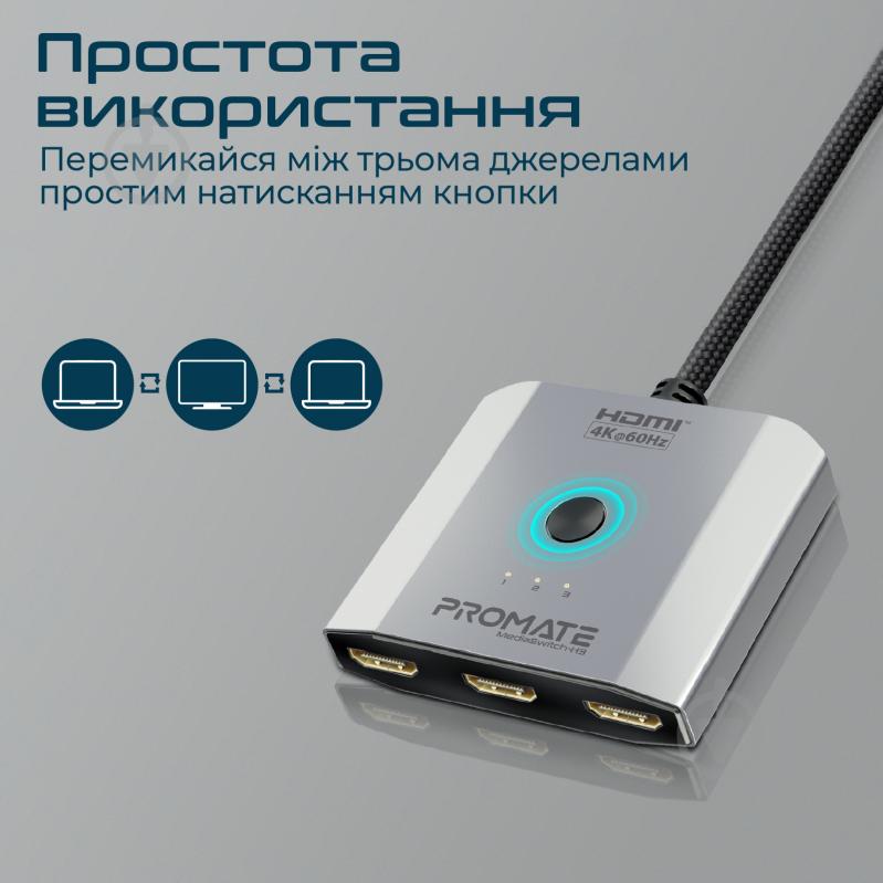 Сплиттер Promate MediaSwitch-H3 4K 3хHDMI to HDMI 0,5 м серебряный (mediaswitch-h3.silver) - фото 4