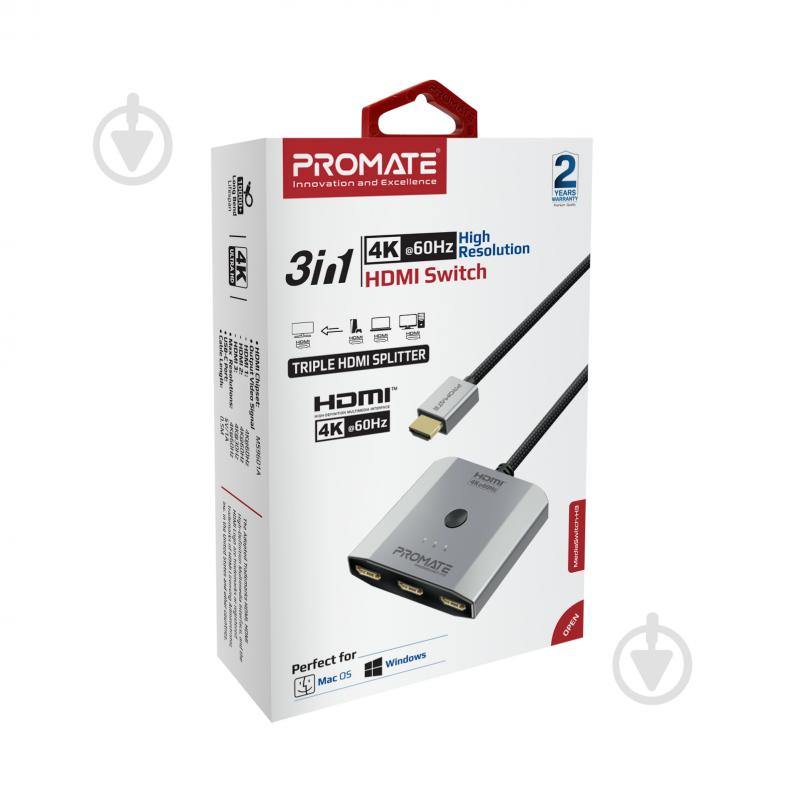 Сплиттер Promate MediaSwitch-H3 4K 3хHDMI to HDMI 0,5 м серебряный (mediaswitch-h3.silver) - фото 6