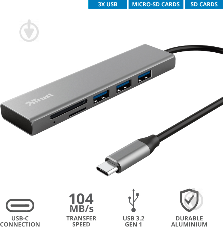 USB-хаб Trust HALYX FAST 3USB+CARD READER USB-C - фото 6