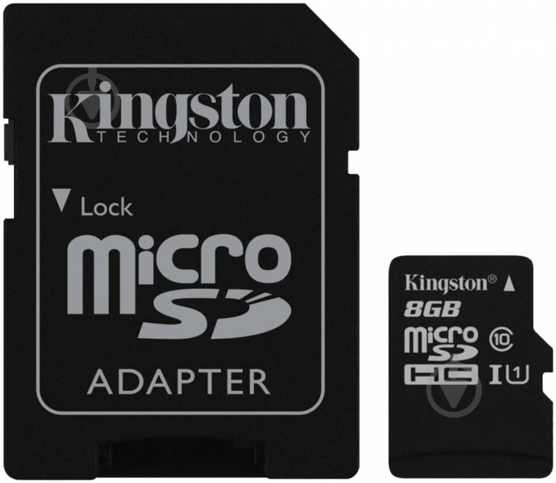 Карта пам'яті Kingston Class 10 UHS| 8GB microSDHC + SD adapter (SDC10G2/8GB) - фото 1