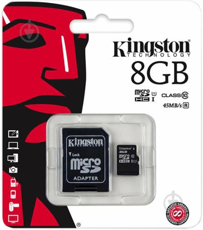 Карта пам'яті Kingston Class 10 UHS| 8GB microSDHC + SD adapter (SDC10G2/8GB) - фото 2