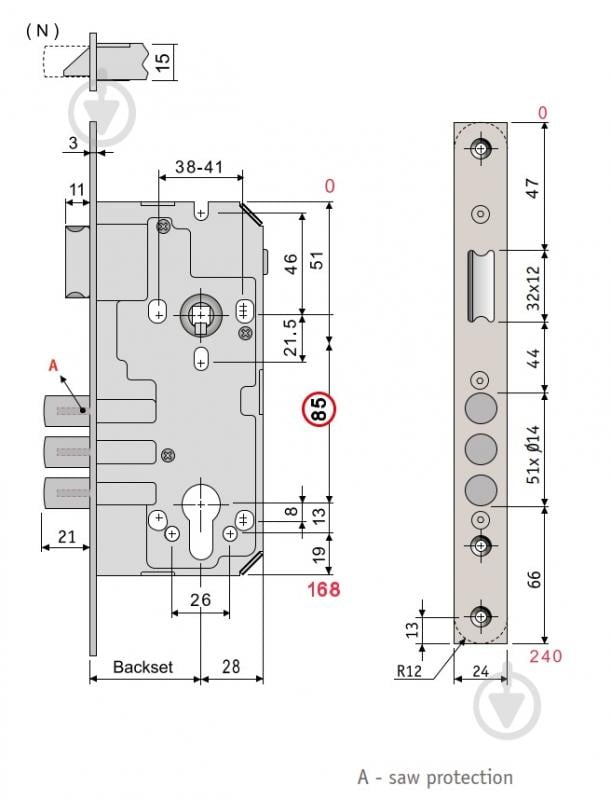 Дверной замок входной SANTOS 1-WAY DIN 985 PB UNIV BS50 мм 85 мм латунь - фото 5