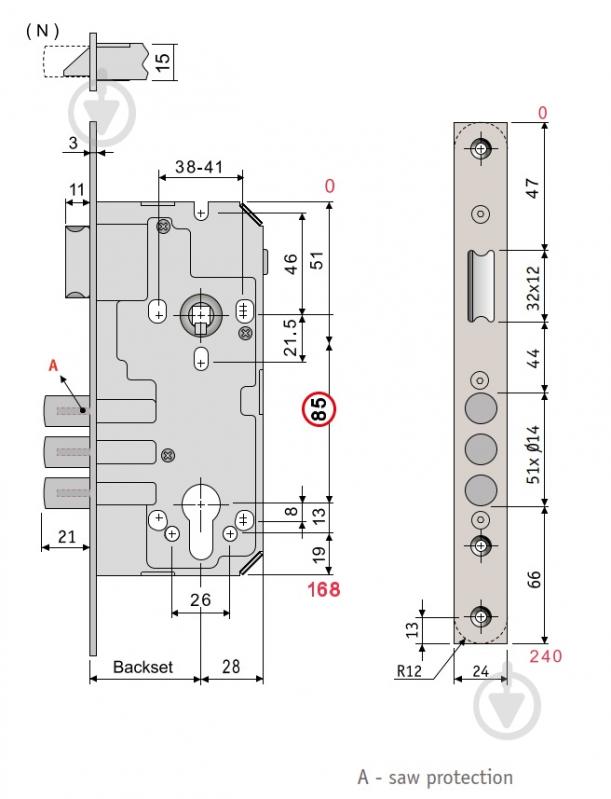 Дверний замок вхідний SANTOS 1-WAY DIN 985 PB UNIV BS55 мм 85 мм латунь - фото 5