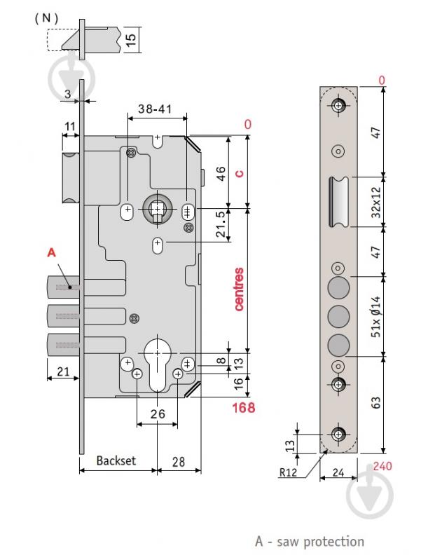 Дверний замок вхідний SANTOS 1-WAY DIN 990 PB UNIV BS55 мм 90 мм латунь - фото 5