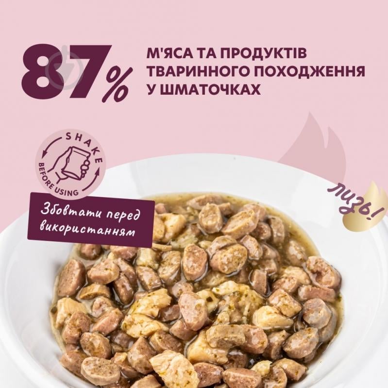 Корм влажный DELICKCIOUS «Кусочки с уткой, куриным филе и шпинатом в соусе» 85 г - фото 2