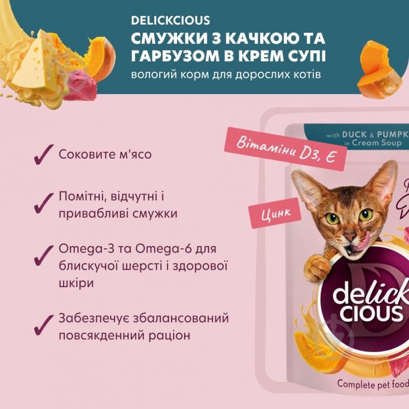 Корм вологий DELICKCIOUS Смужки з качкою та гарбузом в крем-супі 85 г - фото 2