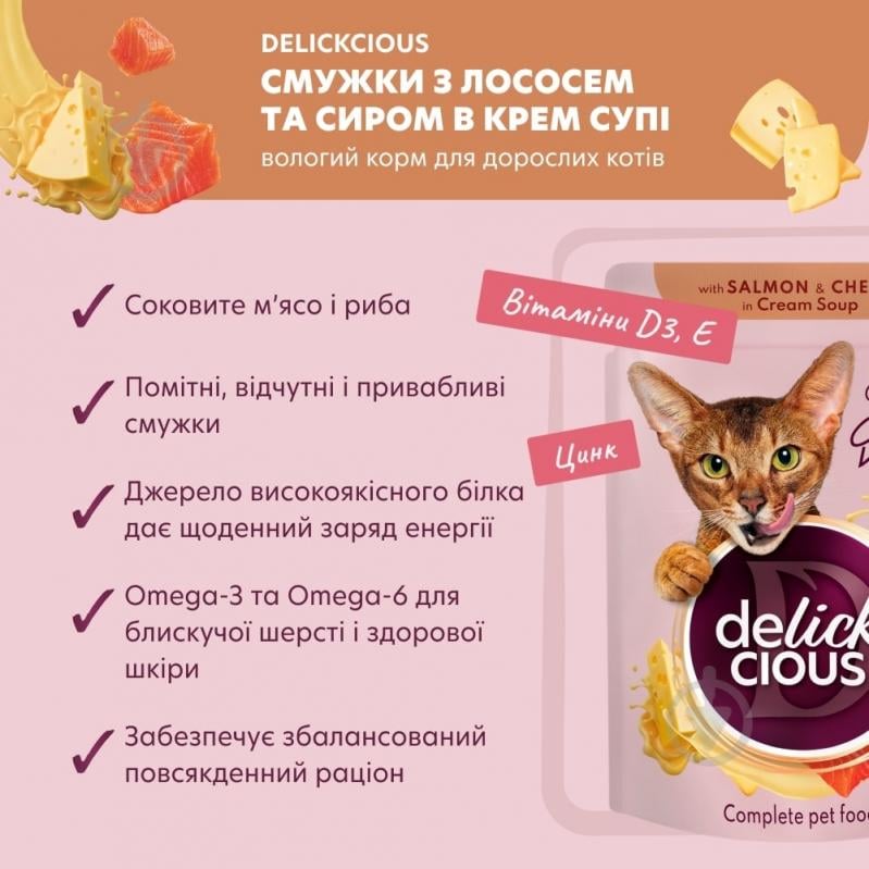 Корм влажный DELICKCIOUS «Полоски с лососем и сыром в крем-супе» 85 г - фото 2