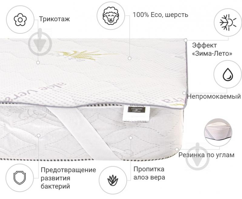 Наматрасник MirSon №1014 Alberto Wool Seasons Aloe Vera водонепроницаемый с резинкой по углам 26х70x190 см - фото 2