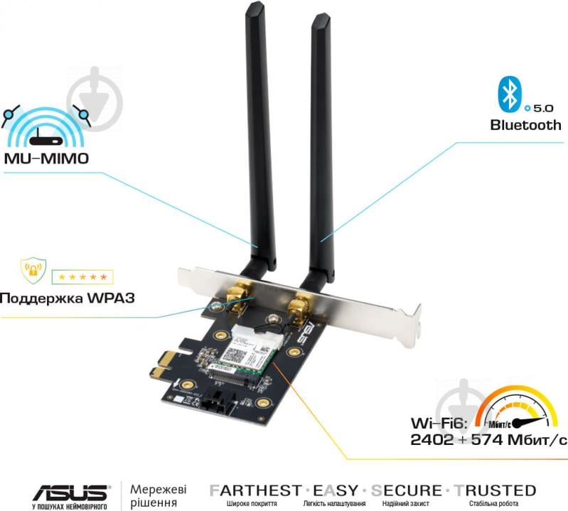 Сетевая карта Asus PCE-AX3000 WiFi6 WPA3 Bluetooth 5.0 MU-MIMO OFDMA - фото 5