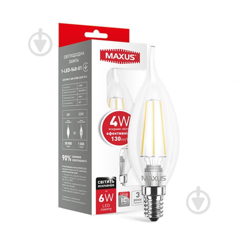 Лампа светодиодная Maxus FM-T CA37 4 Вт E14 4100 К 220 В прозрачная 1-LED-540-01 - фото 1