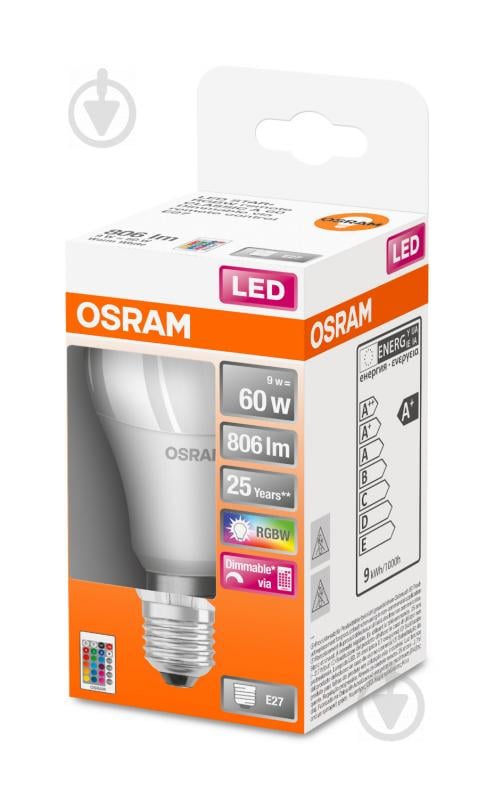 Лампа светодиодная Osram RGBW 9 Вт A60 матовая E27 220 В 2700 К - фото 1