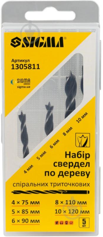 Набір свердел по дереву Sigma 4×75 мм 5×85 мм 6×90 мм 8×110 мм 10×120 мм 5 шт. 1305811 - фото 5