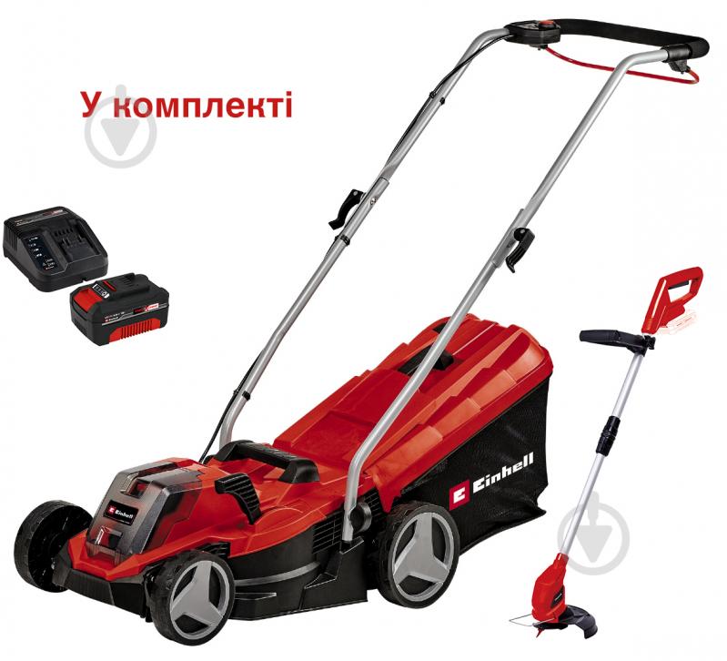 Газонокосилка аккумуляторная Einhell GE-CM 18/33 Li + триммер GC-CT 18/24 Li - фото 1