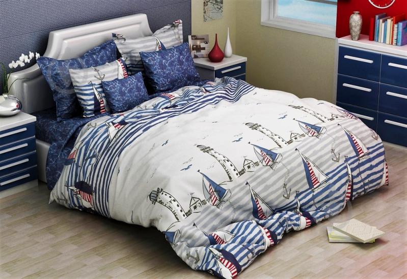 Комплект постельного белья ранфорс Blue Sail 1,5 синий с рисунком SoundSleep - фото 1