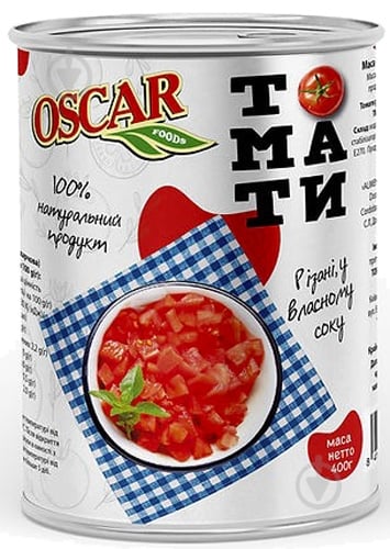 Томати Oscar очищені різані кубиками у власному соку 400 г - фото 1