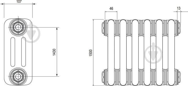 Радіатор Multicolumn H=1500 3-6 (секций) конф.0 (боковое 1/2G) RAL9016 - фото 2