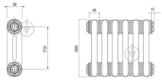 Радіатор Multicolumn H=1800 2-12 (секций) конф.0 (боковое 1/2G) RAL9016 - фото 2