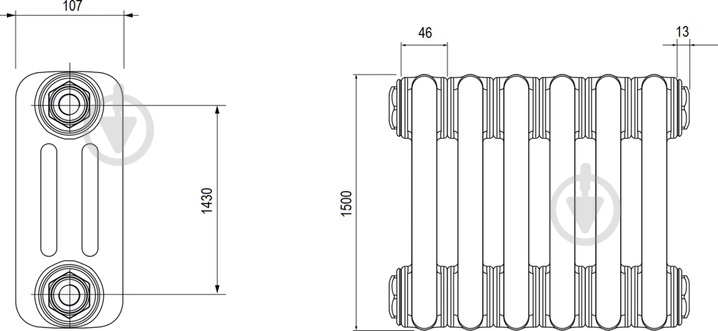 Радіатор Multicolumn H=1500 3-12 (секций) конф.0 (боковое 1/2G) RAL9016 - фото 2