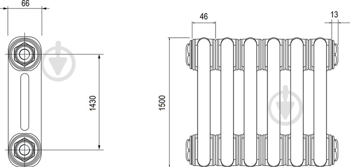 Радіатор Multicolumn H=1500 2-6 (секций) конф.0 (боковое 1/2G) RAL9016 - фото 2