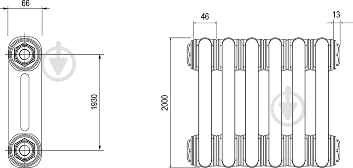 Радіатор Multicolumn H=2000 2-10 (секций) конф.0 (боковое 1/2G) RAL9016 - фото 3