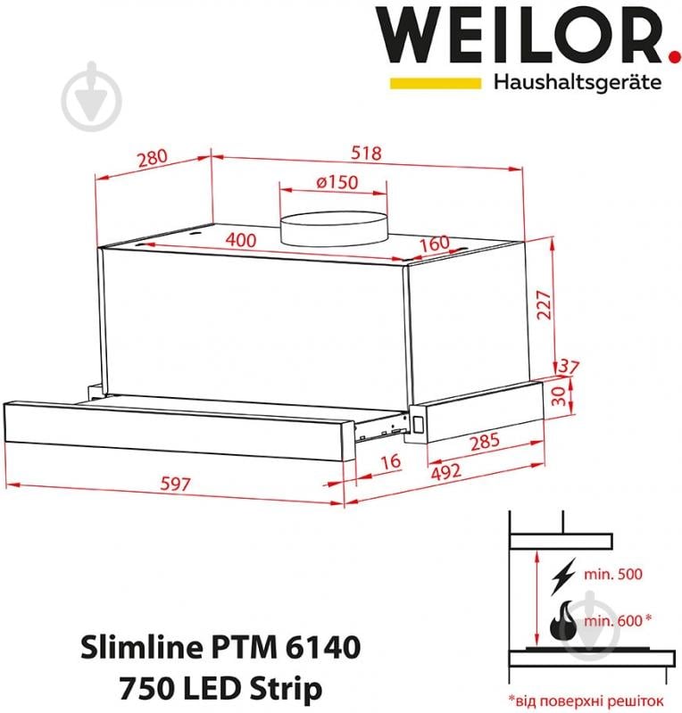 Вытяжка WEILOR Slimline PTM 6140 SS 750 LED strip - фото 11